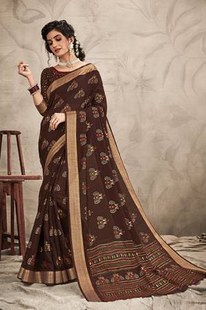 Add This Beautiful Designer Saree To Your Wardrobe In Brown Color. This Saree And Blouse Are Chanderi Based Beautified With Resham And Jari Work. 