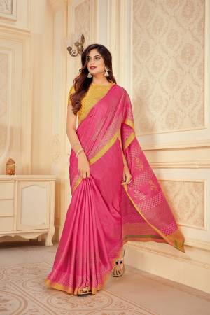 Simple and Elegant Looking Saree Is Here In Pink Color Paired With Contrasting Yellow Colored Blouse. This Saree And Blouse Are Fabricated On Satin Silk Beautified With Prints. It Is Light Weight , Soft Towards Skin and Easy To Carry All Day long. 