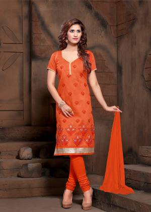 Add This Pretty Dress Material To Your Wardrobe In Orange Colored Top Paired With Orange Colored Bottom And Dupatta. Its Top Is Modal Silk Based Paired With Cotton Bottom And Chiffon Fabricated Dupatta. 