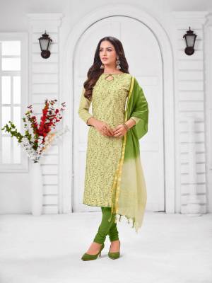 Simple And Elegant Looking Designer Straight Suit Is Here In Light Green Color Paired With Green Colored bottom And Dupatta. Its Top Is Fabricated On Modal Silk Paired With Cotton Bottom and Chanderi Cotton Dupatta. 