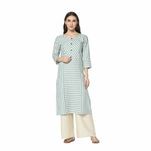 Add This Pretty Kurti To Your Wardrobe In Sky Blue Color. This Readymade Kurti Is Fabricated On Cotton With Prints. It Is Light In Weight And Easy To Carry All Day Long .