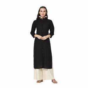 For Your Casual Wear, Grab This Pretty Readymade Straight Kurti In Black Color Fabricated On Cotton Handloom. This Kurti Can Be Paired With Same Or Contrasting Colored Pants, Leggings Or Plazzo.