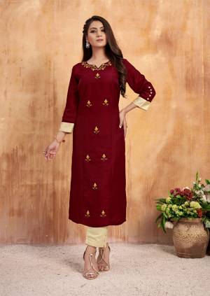 Grab This Readymade Pair Of Kurti With Bottom In Maroon And Beige Color Respectively. This Kurti Is Fabricated On Tussar Satin Paired With Banarasi Viscose Fabricated Bottom. Both Its Fabric Enures Superb Comfort All Day Long. 