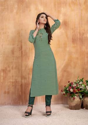 Look Pretty Wearing This Pretty Pair Of Readymade Kurti In Light Teal Green colored Top Paired With Teal Green Colored Bottom. Its Top Is Art Silk Based Paired With Muslin Fabricated Bottom. Buy Now.