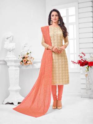 Grab This Designer Straight Suit For Your Semi-Casual Wear In Beige Color Paired With Dark Peach Colored Bottom and Dupatta. Its Top and Dupatta Are Modal Silk Based Paired With Cotton Bottom.