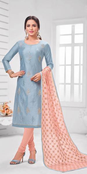 Simple And Elegant Looking Designer Straight Suit Is Here In Powder Blue Color Paired With Light Peach Colored bottom And Dupatta. Its Top Is Fabricated On Modal Silk Paired With Cotton Bottom and Orgenza Cotton Dupatta.?