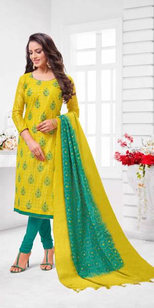 Add This Pretty Suit To Your Wardrobe In Yellow colored Top Paired With Contrasting Teal Green Colored Bottom and Dupatta. Its Top Is Fabricated On Modal Checks Paired With Cotton Bottom and Dupatta.