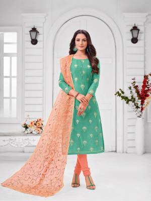 Simple And Elegant Looking Designer Straight Suit Is Here In Sea Green Color Paired With Peach Colored bottom And Dupatta. Its Top Is Fabricated On Modal Silk Paired With Cotton Bottom and Orgenza Cotton Dupatta.?