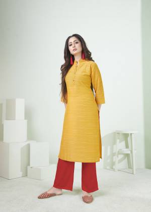 Here Is A Pretty Simple Lining Printed Readymade Kurti In Yellow Color. This Pretty Kurti Is Fabricated On Cotton And It Can Be Paired With Pants, Plazzo Or Leggings. Also It Is Available In All Regular Sizes. Buy Now.