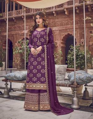 Go with This Lovely Shade In Purple Color Designer Straight suit. Its Top Is Fabricated On Jacquard Silk Paired With Art Silk Fabricated Bottom And Chiffon Fabricated Dupatta with Embroidery. 