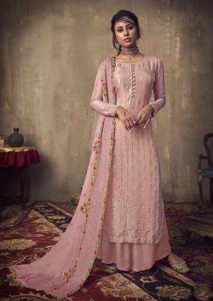 Celebrate This Festive Season Wearing This Designer Straight Suit In Light Pink Color. Its Pretty Top Is Jacquard Silk Based Paired With Santoon Bottom And Chinon Chiffon Fabricated Dupatta. 