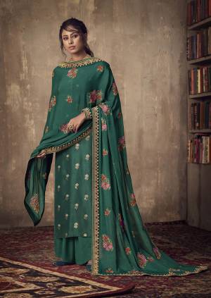 Add This Very Pretty Designer Straight Suit In Teal Green Color. Its Top Is Fabricated On Jacquard Silk Paired With Santoon Bottom Paired With Chinon Chiffon Fabricated Dupatta. Its Rich Fabric And Color will Earn You Lots Of Compliments From Onlookers. 
