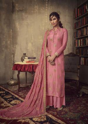 Celebrate This Festive Season Wearing This Designer Straight Suit In Pink Color. Its Pretty Top Is Jacquard Silk Based Paired With Santoon Bottom And Chinon Chiffon Fabricated Dupatta. 