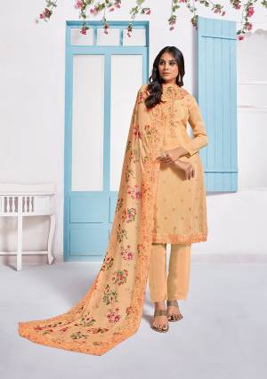 You Will Definitely Earn Lots Of Compliments Wearing This Designer Straight Suit In Light Orange Color. Its Top Is Chinon Based Beautified With Tone To Tone Embroidery Paired With Santoon Bottom And Chiffon Fabricated Dupatta Beautified With Floral Prints And Thread Work. 