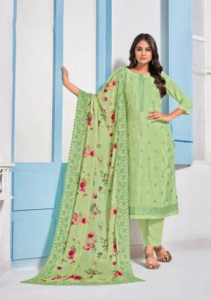 You Will Definitely Earn Lots Of Compliments Wearing This Designer Straight Suit In Light Green Color. Its Top Is Chinon Based Beautified With Tone To Tone Embroidery Paired With Santoon Bottom And Chiffon Fabricated Dupatta Beautified With Floral Prints And Thread Work. 