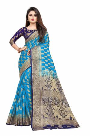 Grab This Beautiful Designer Weaved Saree In Blue color Paired With Royal Blue Colored Blouse. This Saree And Blouse Are Fabricated On Art Silk Which Also Gives A Rich Look To Your Personality. 