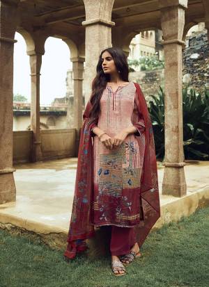 Add Some Casuals With This Printed Dress Material In Maroon And Peach Color. Its Top And Bottom Are Crepe Based Paired With Georgette Fabricated Dupatta. It Is Light In Weight And Easy To Carry All Day Long. 