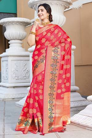 Celebrate This Festive Season In A Proper Traditional Look Wearing This Saree In Dark Pink Color. This Saree And Blouse Are Fabricated On Art Silk Beautified With Weave Giving You An Attractive Look. 