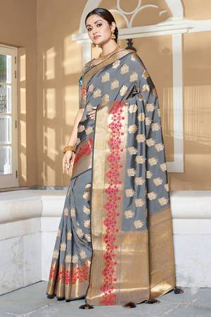 Grab This Very Beautiful And Attractive Looking Saree In Grey Color. This Saree and Blouse Are Rich Art Silk Based Beautified With Weave. 