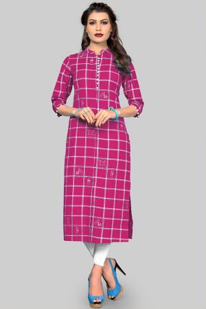 Add This Pretty Simple Kurti To Your Wardrobe In Rani Pink color Fabricated On Cotton. This Readymade Kurti Is Suitable For Daily Or Office Wear.