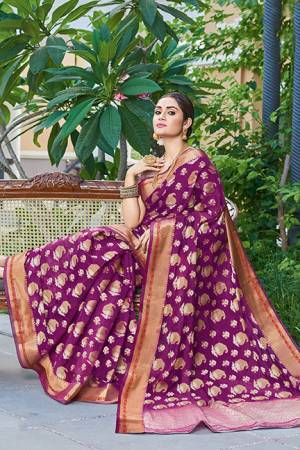 Grab This Very Pretty Designer Silk Based Saree In Purple Color. This Saree And Blouse Are Fabricated On Handloom Silk Beautified with Weaved Motifs. It Is Light Weight, Durable And Easy To Care For.