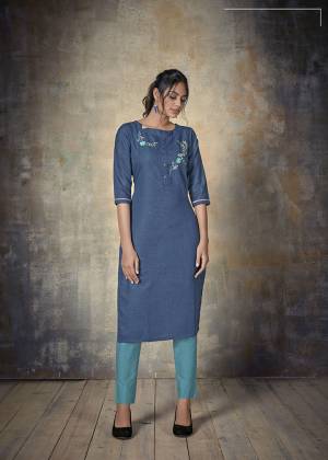 Grab This Readymade straight Kurti In Blue Color Fabricated On Cotton. It Is Beautified With Thread Embroidery And Available In All Regular Sizes. 