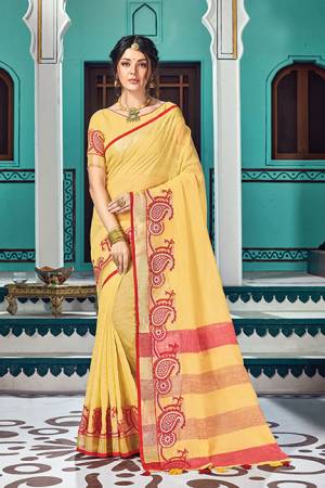 Simple And Elegant Looking Saree In Yellow Color Paired With Yellow Colored Blouse. This Saree And Blouse Are Fabricated On Linen Cotton Beautified With Weave. Buy Now.