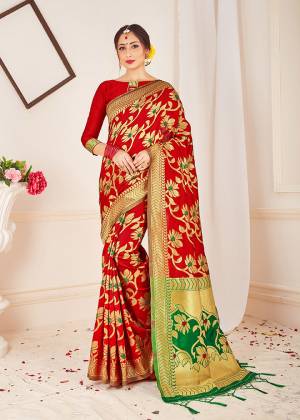 Celebrate this Festive Season With Beauty And Comfort Wearing This Pretty Saree In Red Color. This Saree And Blouse Are Fabricated On Banarasi Art Silk Beautified With Weave. Buy Now.