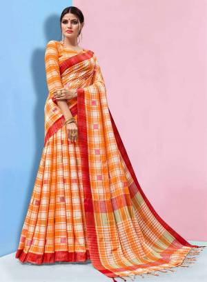 Grab This Pretty Simple Printed Saree In Orange Color Paired with Orange Colored Blouse. This Saree And Blouse Are Fabricated On Linen Beautified With Prints. Its Rich Fabric And Color Will Earn You Lots Of Compliments From onlookers. 