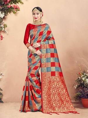 Here Is Rich Silk Based Designer Saree In Grey And Red Color Paired With Red Colored Blouse. This Saree And Blouse Are Fabricated On Banarasi Art Silk Beautified With Weave And Checks Pattern All Over. 
