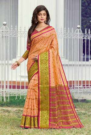 Simple And Elegant Looking Silk Based saree Is Here In Peach Color Paired With Dark Pink Colored Blouse. This Saree and Blouse Are Fabricated On Handloom Silk Beautified With Weave All Over. Buy Now.