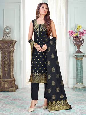 Celebrate This Festive Season In A Proper Traditional Look Wearing This Weaved Straight Suit In Black Color. This Pretty Suit Is Banarasi Silk Based Beautified With Weave. Its Fabric Gives A Rich Look To Your Personality