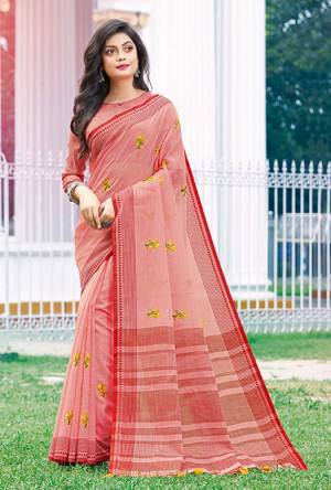 You Will Definitely Earn Lots Of Compliments Wearing This Pretty Saree In Pink Color. This Saree And Blouse Are Fabricated On Linen Beautified With Thread Work. It Is Light In Weight, Durable And Easy To Carry All Day Long. 