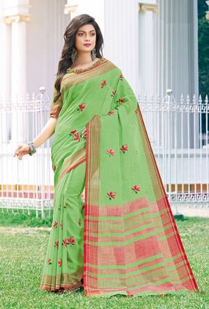 Flaunt Yout Rich And Elegant Taste Wearing This Saree In Green Color. This Elegant Looking Saree And Blouse Are Fabricated On Line Beautified With Minimal Thread Embroidered Motifs. 
