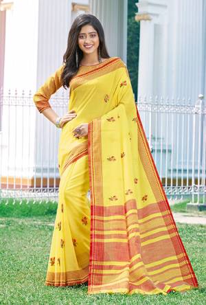 You Will Definitely Earn Lots Of Compliments Wearing This Pretty Saree In Yellow Color. This Saree And Blouse Are Fabricated On Linen Beautified With Thread Work. It Is Light In Weight, Durable And Easy To Carry All Day Long. 