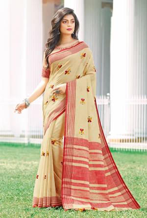 You Will Definitely Earn Lots Of Compliments Wearing This Pretty Saree In Cream Color. This Saree And Blouse Are Fabricated On Linen Beautified With Thread Work. It Is Light In Weight, Durable And Easy To Carry All Day Long. 