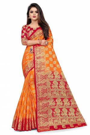 For A Proper Traditional Look, Grab This Heavy Weaved Silk Based Designer Saree In Orange Color Paired with Red Colored blouse. This Saree and Blouse Are Fabricated On Art Silk Which Gives A Rich Look To Your Personality. 