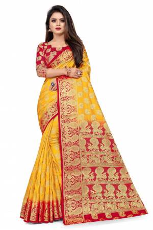 For A Proper Traditional Look, Grab This Heavy Weaved Silk Based Designer Saree In Musturd Yellow Color Paired with Red Colored blouse. This Saree and Blouse Are Fabricated On Art Silk Which Gives A Rich Look To Your Personality. 