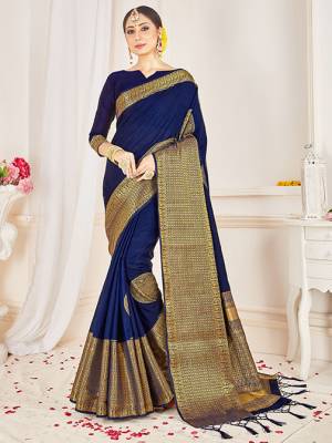 Flaunt Your Rich and Elegant Taste Wearing This Designer Silk Based Saree In Navy Blue Color Paired With Navy Blue Colored Blouse. This Saree And Blouse Are Fabricated On Banarasi Art Silk Beautified With Weaved Broad Border. 