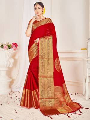 Flaunt Your Rich and Elegant Taste Wearing This Designer Silk Based Saree In Red Color Paired With Red Colored Blouse. This Saree And Blouse Are Fabricated On Banarasi Art Silk Beautified With Weaved Broad Border. 