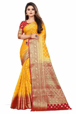 For A Proper Traditional Look, Grab This Heavy Weaved Silk Based Designer Saree In Musturd Yellow Color Paired with Red Colored blouse. This Saree and Blouse Are Fabricated On Art Silk Which Gives A Rich Look To Your Personality. 
